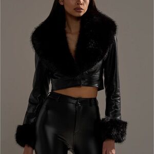 AKIRA Black Faux Fur Trim Leather Jacket